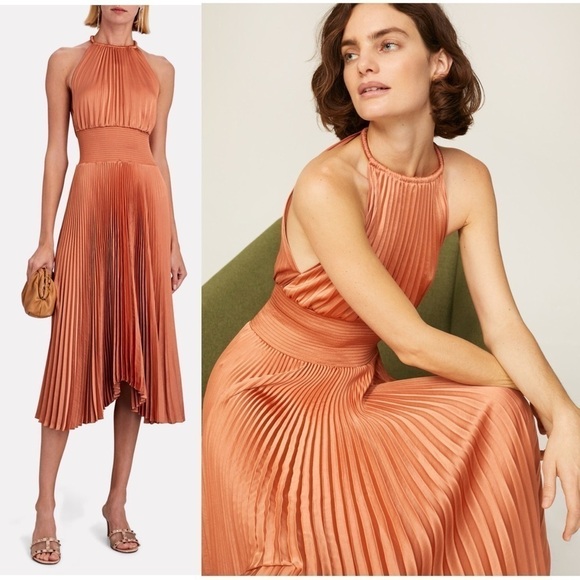 ALC Copper Satin Pleated Sleeveless Halter Smocked Waist Asymmetrical Hem Gown 2 - Picture 2 of 16